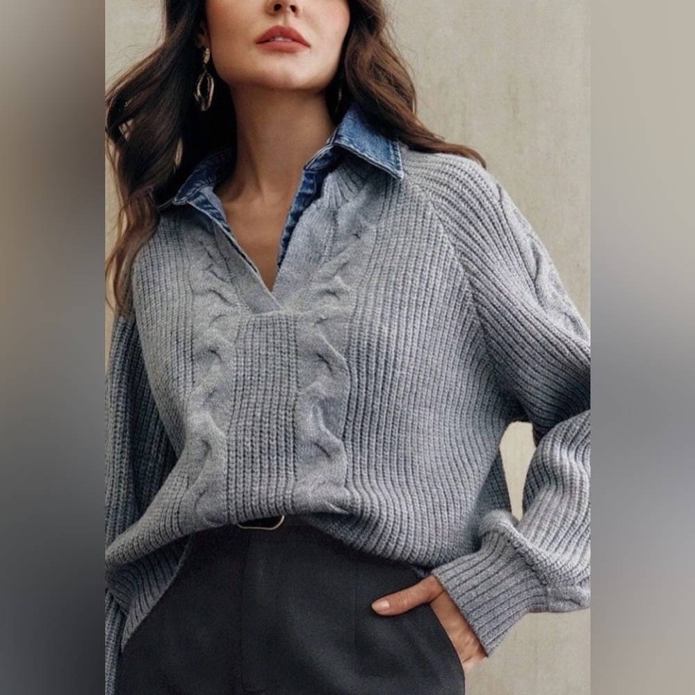 Commense Denim Panel Ribbed Lapel Sweater in Grey - Size M